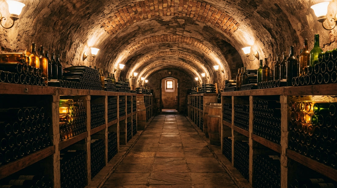 Chenin Blanc Südafrika: Der vielseitige Star des Kaps | The WineStore - A barrel-vaulted wine cellar with hundreds of bottles glowing under warm sconce lighting