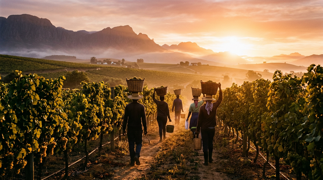Chenin Blanc Südafrika: Die perfekten Speisebegleiter entdecken | The WineStore - Sunrise silhouette of pickers walking into a vineyard with baskets