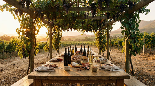 Kleine Zalze Wein: Dein Guide zu Südafrikas Weinschatz | The WineStore - A rustic long table under a pergola of vines heavy with grapes