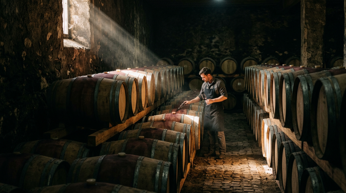 Peter Falke Wines: Luxus, Leidenschaft und Südafrikas Wein-Juwel - Oak barrels stacked in a shadowy cellar