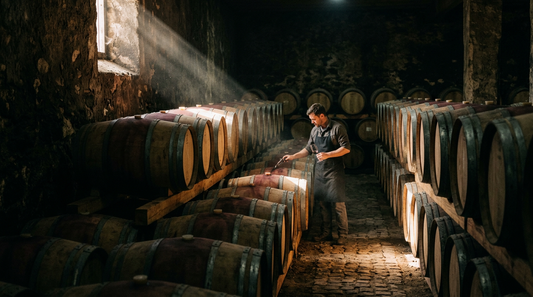 Peter Falke Wines: Luxus, Leidenschaft und Südafrikas Wein-Juwel - Oak barrels stacked in a shadowy cellar